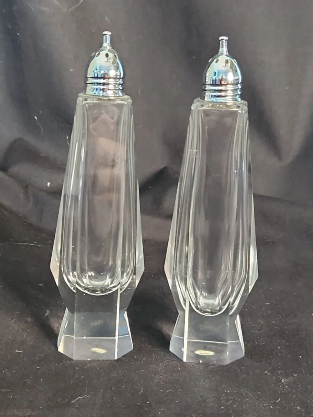 Vintage Salt & Pepper Shakers Clear Cut Glass Chrome Tops Art Deco Design